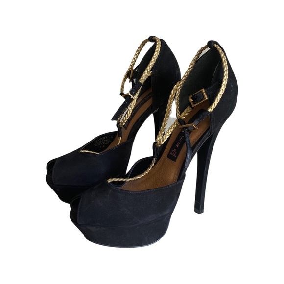 Steven by Steve Madden adalyn leather peep toe platform heels black gold size 7 - Picture 2 of 7
